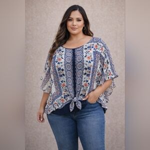 Y2K, Plus Size Top 2XL, AGB Blue and Red Floral Tie Blouse. #68